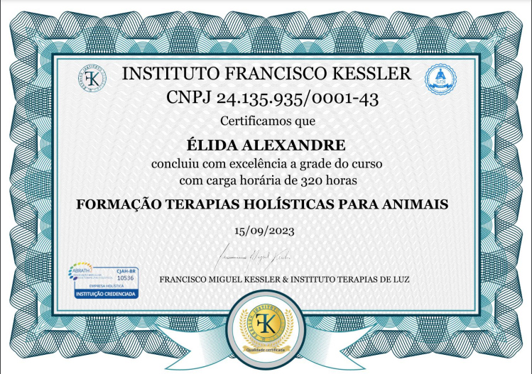Certificado da Formação Terapias Holísticas para Animais
